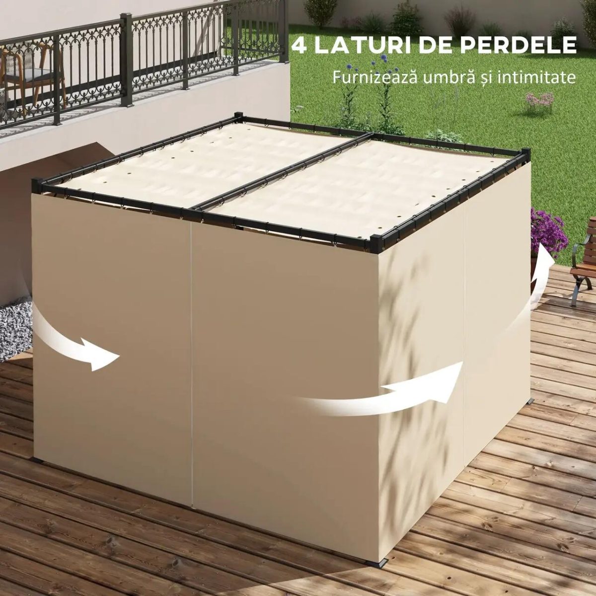 Pergola Pentru Gradina/Terasa, Retractabila, Cu Perdele, Cadru Metalic, Negru Si Bej, 3X3X2.27 M