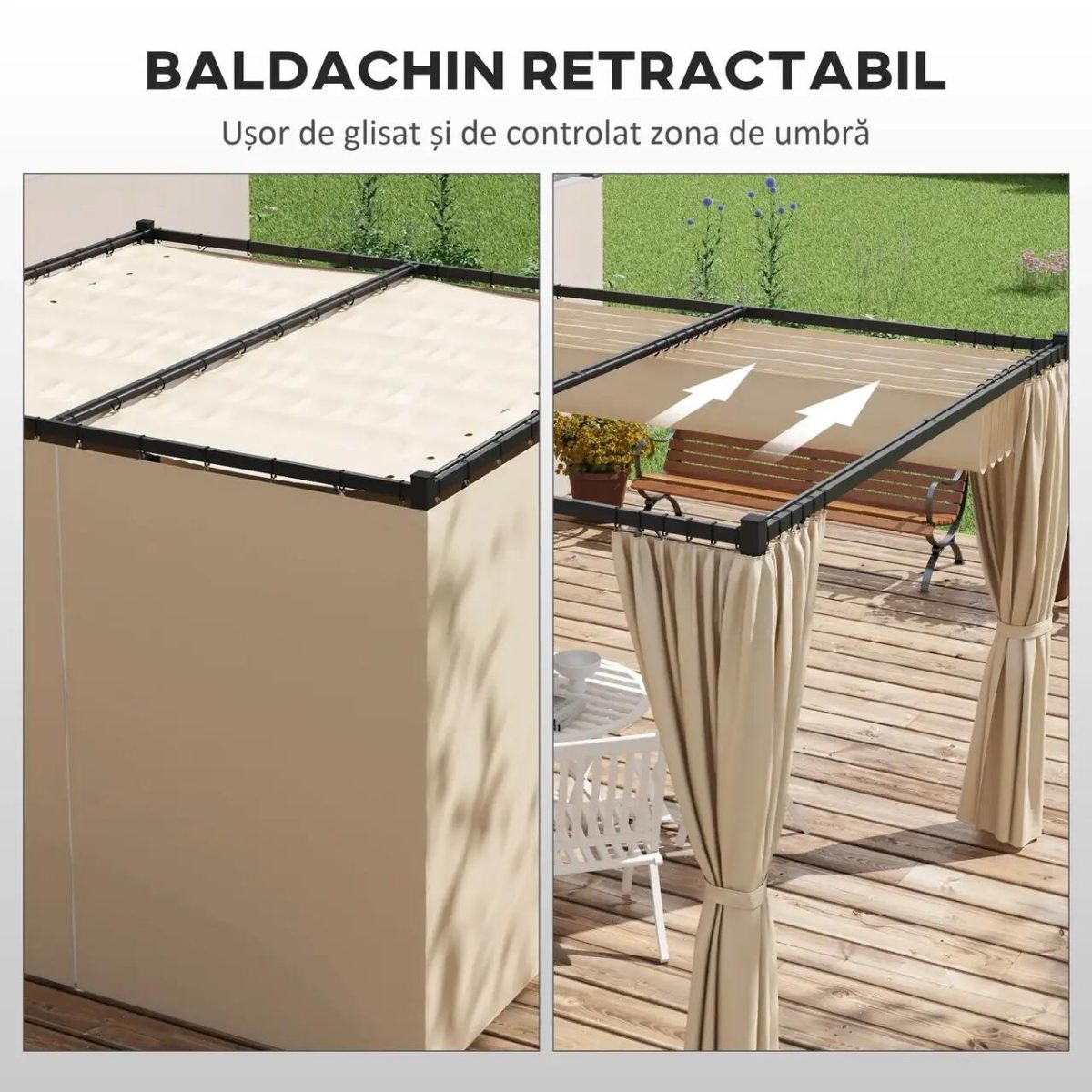 Pergola Pentru Gradina/Terasa, Retractabila, Cu Perdele, Cadru Metalic, Negru Si Bej, 3X3X2.27 M