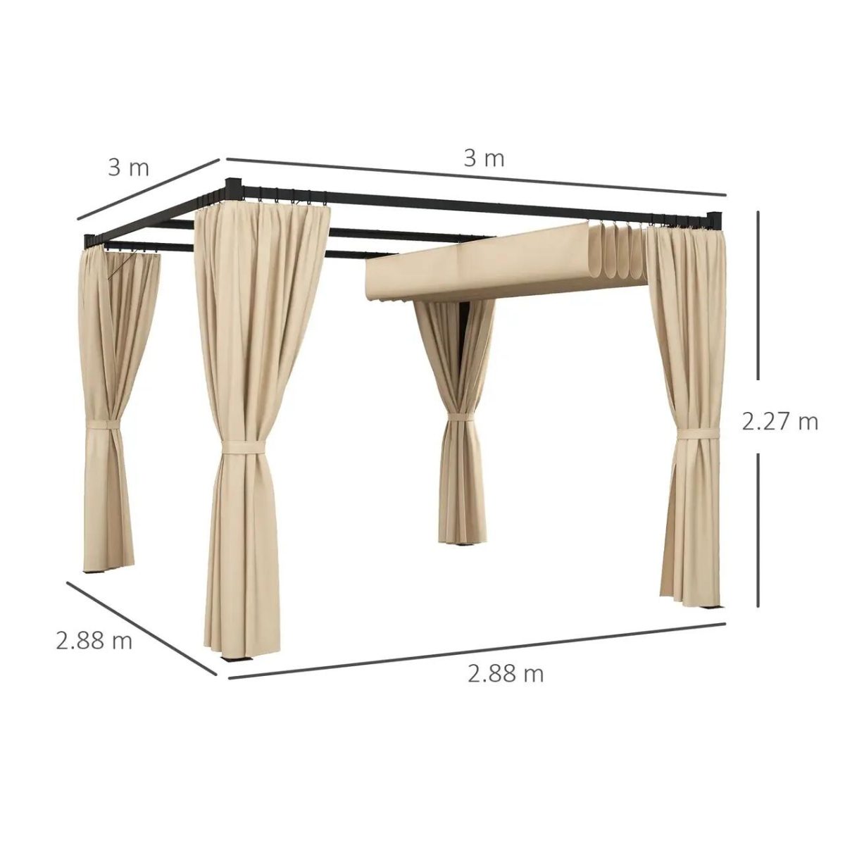 Pergola Pentru Gradina/Terasa, Retractabila, Cu Perdele, Cadru Metalic, Negru Si Bej, 3X3X2.27 M