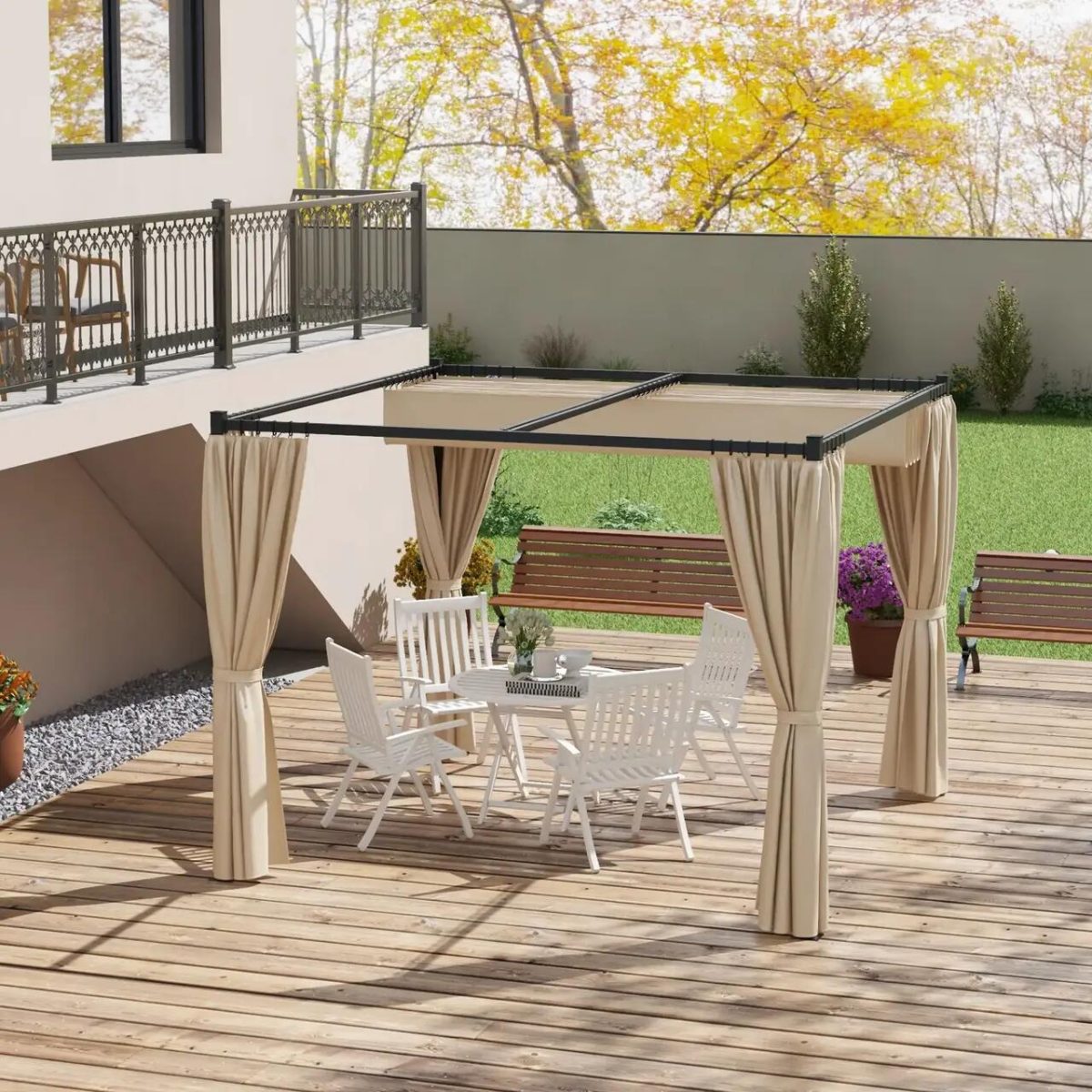 Pergola Pentru Gradina/Terasa, Retractabila, Cu Perdele, Cadru Metalic, Negru Si Bej, 3X3X2.27 M