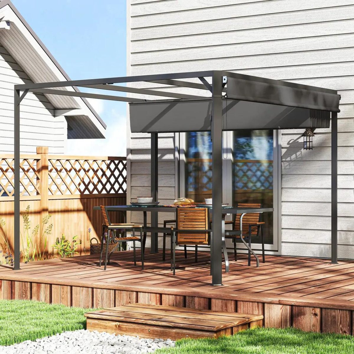 Pergola Pentru Gradina/Terasa, Retractabila, Cu Perete Paravan, Cadru Aluminiu, Gri Inchis, 3X3X2.27 M - Imagine 10