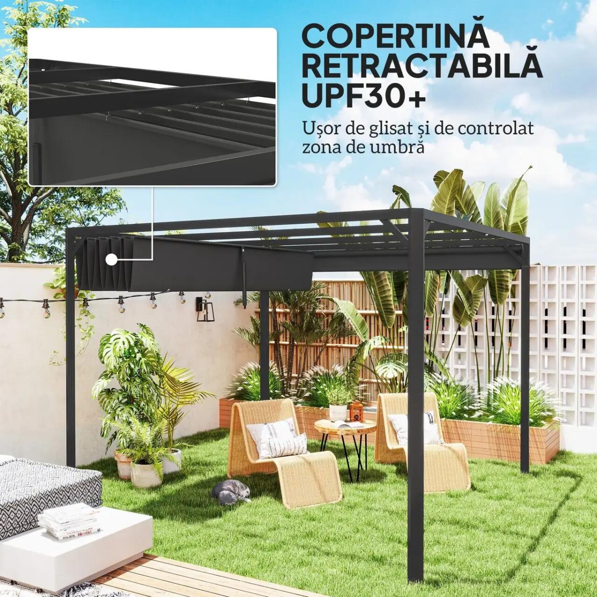 Pergola Pentru Gradina/Terasa, Retractabila, Cu Perete Paravan, Cadru Aluminiu, Gri Inchis, 3X3X2.27 M - Imagine 8