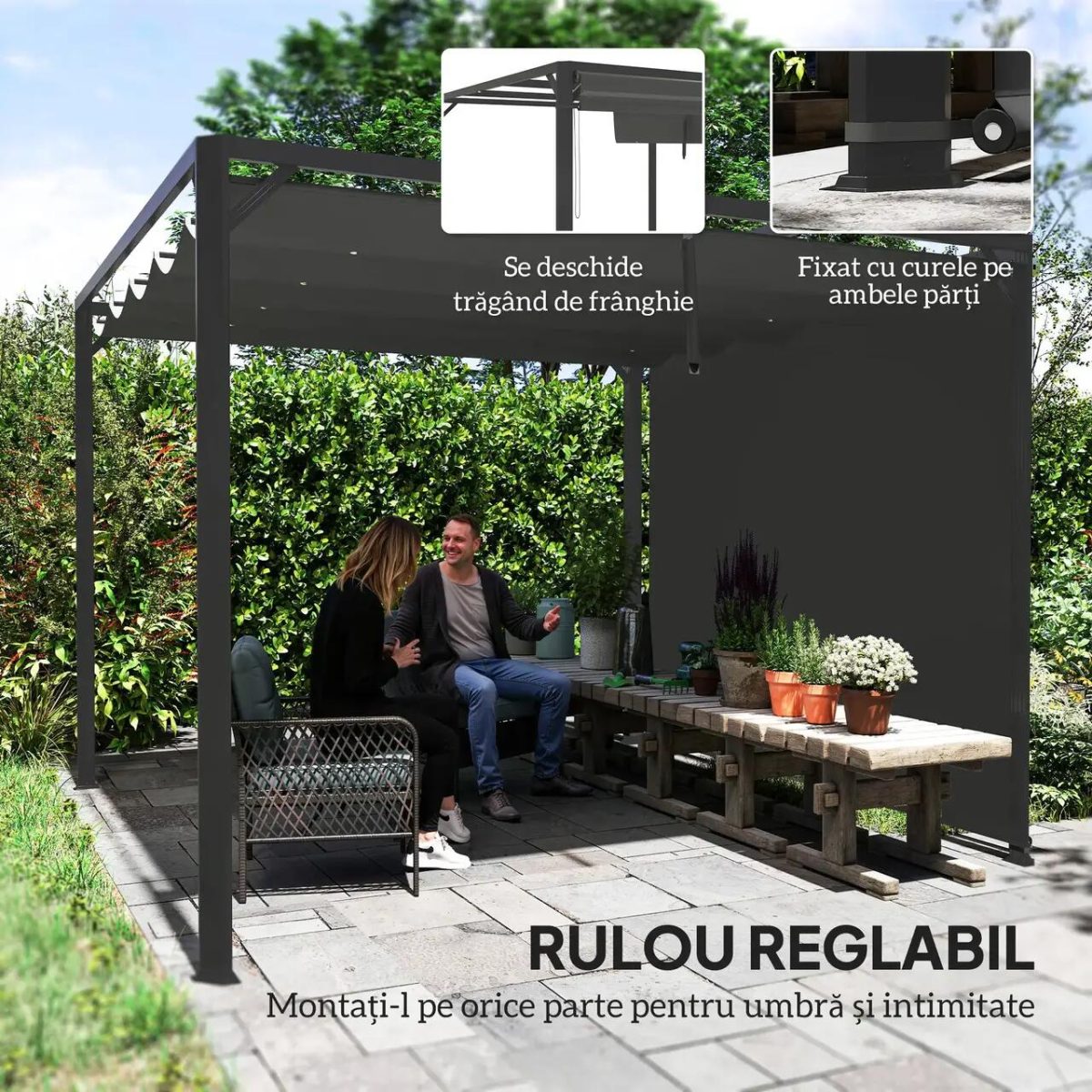 Pergola Pentru Gradina/Terasa, Retractabila, Cu Perete Paravan, Cadru Aluminiu, Gri Inchis, 3X3X2.27 M - Imagine 7