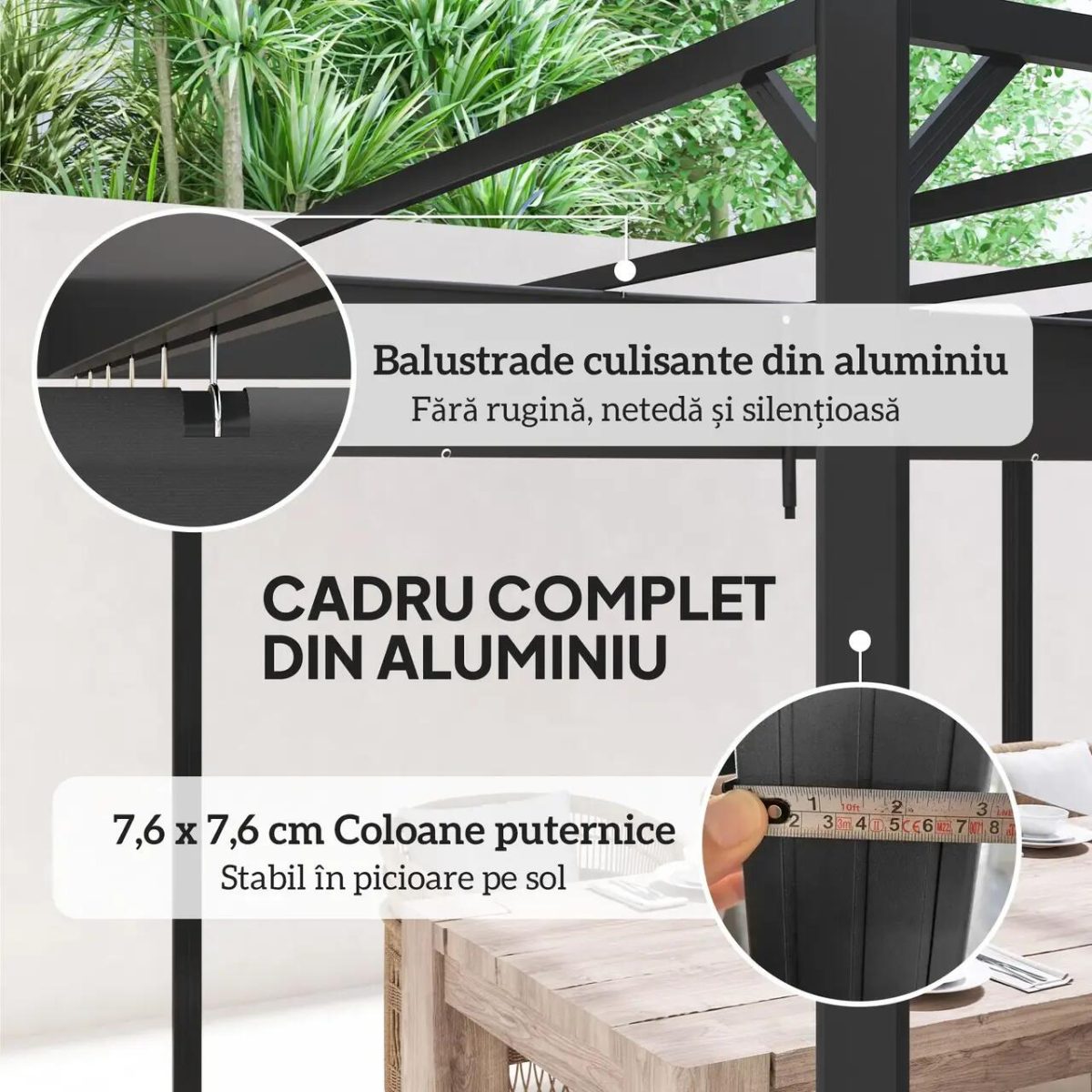 Pergola Pentru Gradina/Terasa, Retractabila, Cu Perete Paravan, Cadru Aluminiu, Gri Inchis, 3X3X2.27 M - Imagine 6