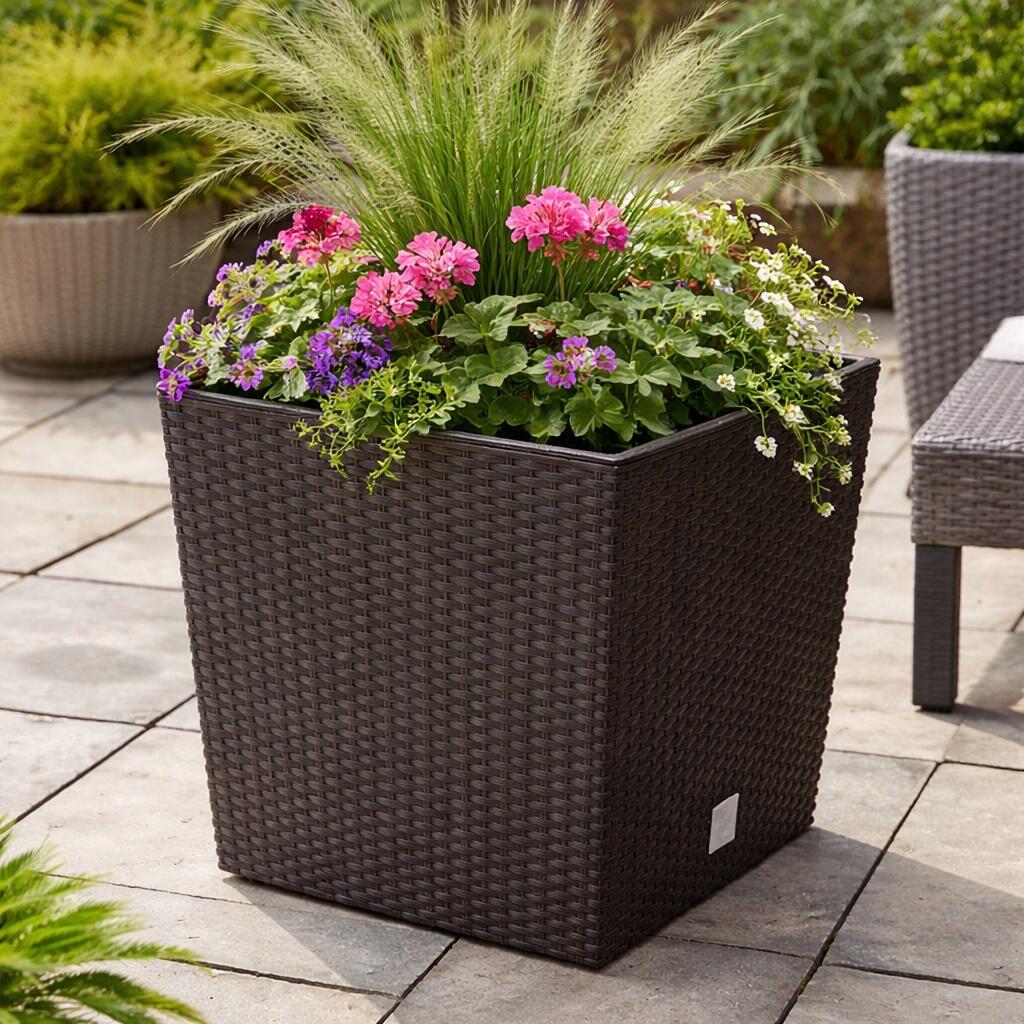 Rato_square_v2 Set 2 ghivece de flori, Rato Low, imitatie ratan, patrate, 40x40x40.8 cm, maro, Prosperplast