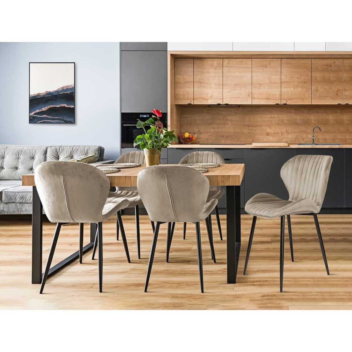 Set 4 Scaune Bucatarie/Living, Jumi, Veira, Catifea, Metal, Bej, 52X56X85 Cm
