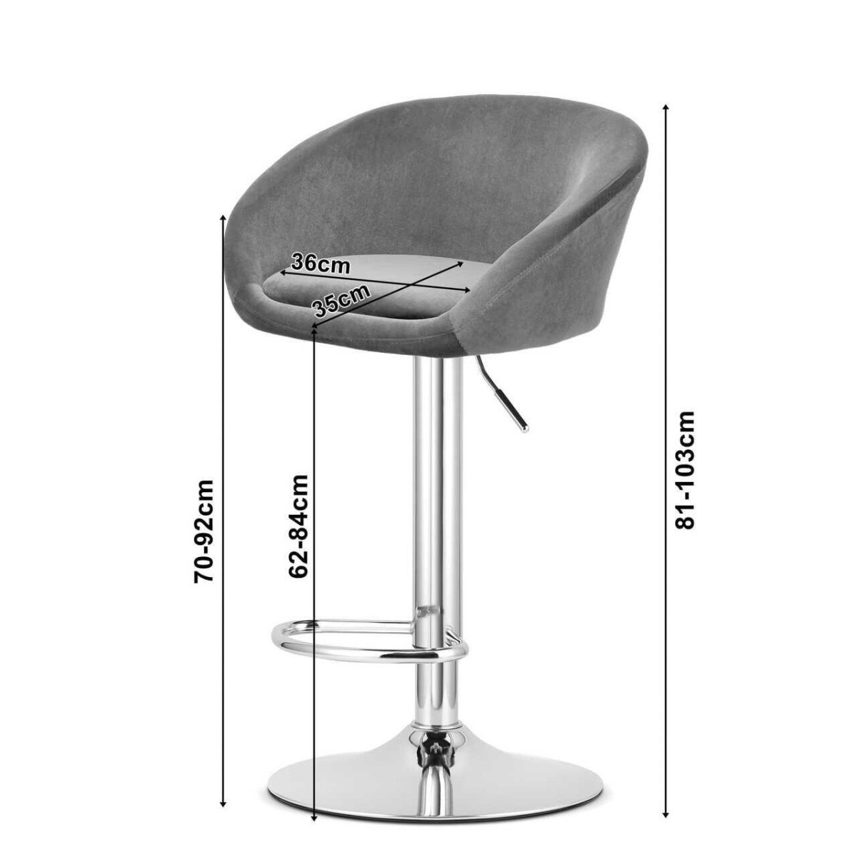 Scaun De Bucatarie/Bar, Artool, East, Rotativ, Catifea, Negru Si Argintiu, 53X46X81-103 Cm