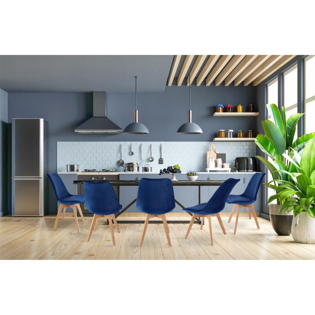 Scaun Bucatarie/Living, Lemn, Catifea, Albastru, 49X60X82 Cm, Bari