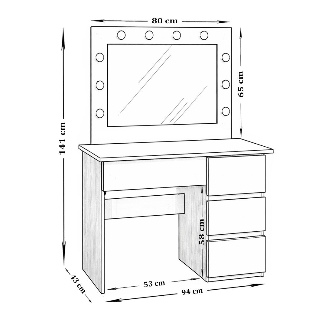 Schita-dimensiuni-IRINA_square_v8 Masa de toaleta/machiaj, Irina, roz, cu oglinda si LED-uri, 94x43x141 cm