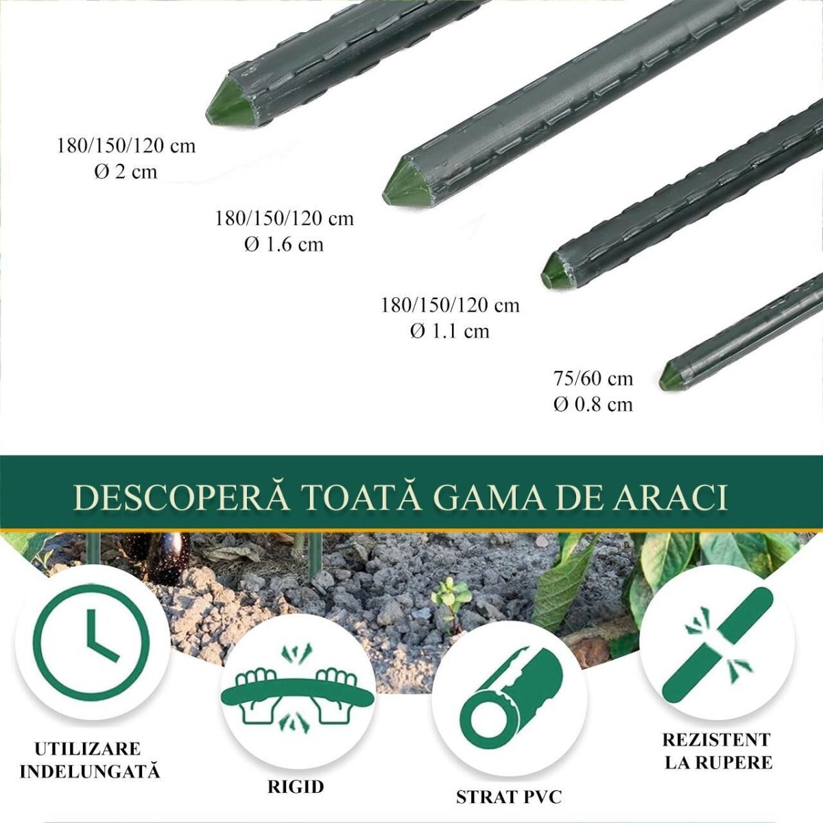 Set 25 Araci/Suport Pentru Rosii, Castraveti, Fasole, Metal + Pvc, Verde, 150X0.8 Cm, Artool - Imagine 4