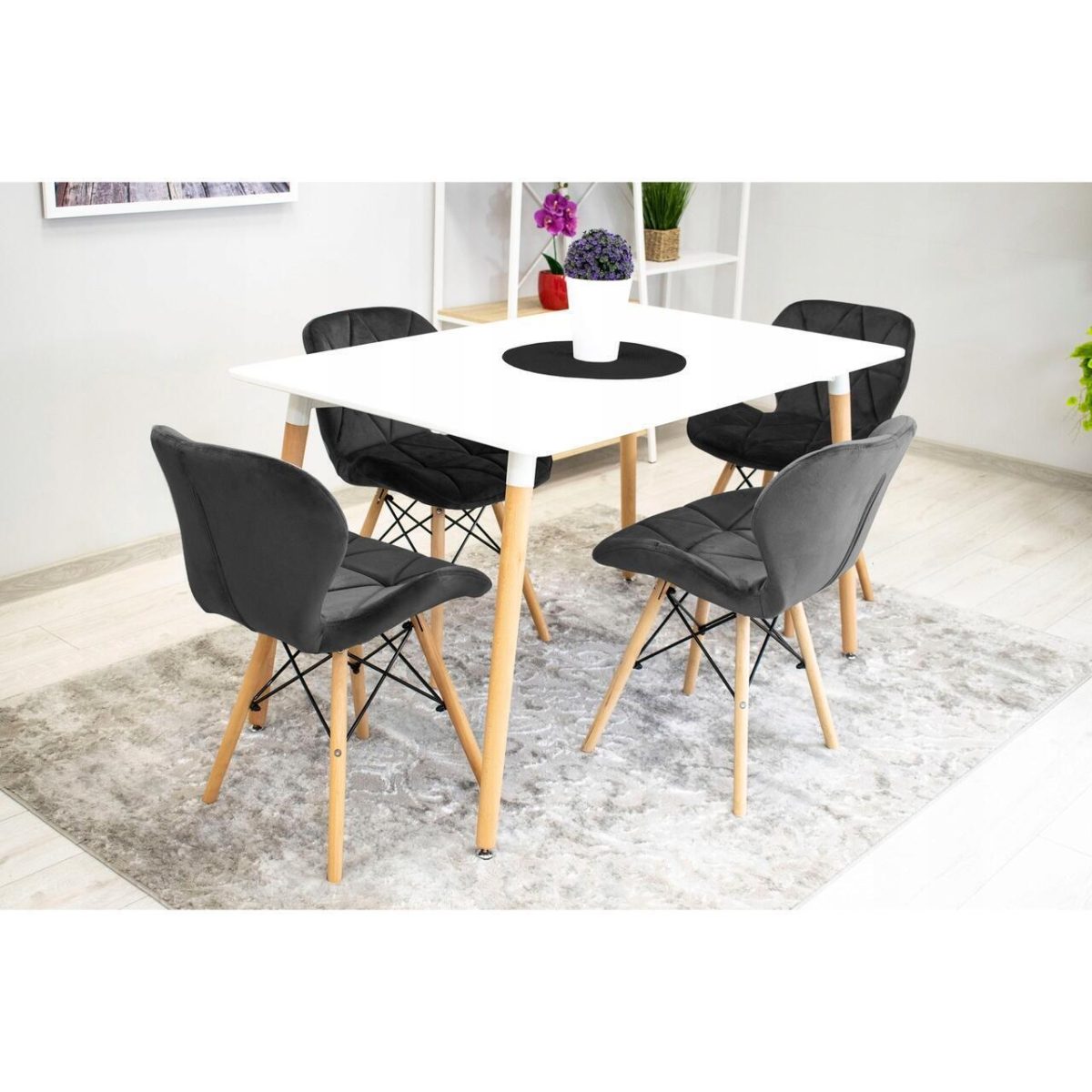 Set 4 Scaune Stil Scandinav, Artool, Lago, Catifea, Lemn, Negru, 48X43X74 Cm