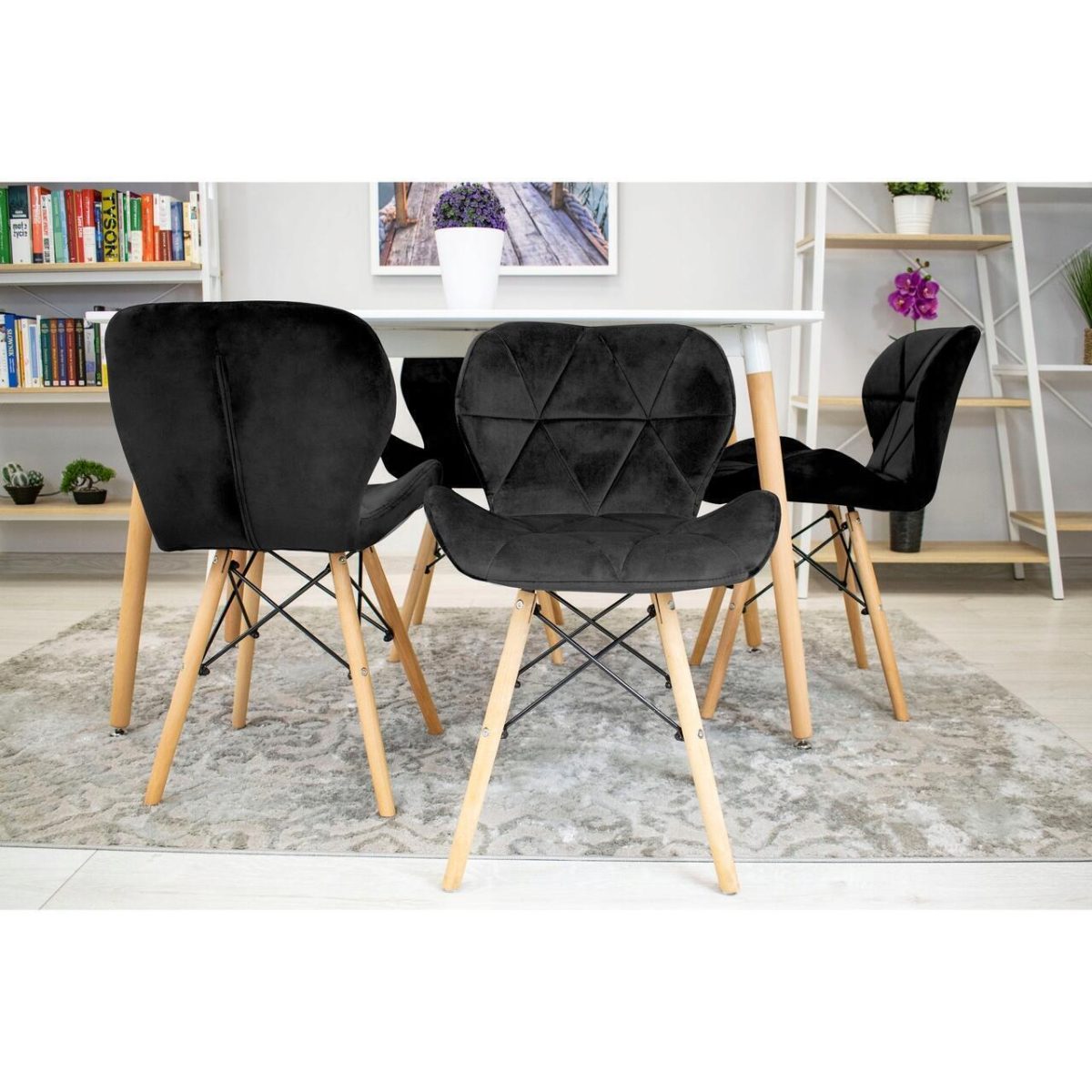 Set 4 Scaune Stil Scandinav, Artool, Lago, Catifea, Lemn, Negru, 48X43X74 Cm