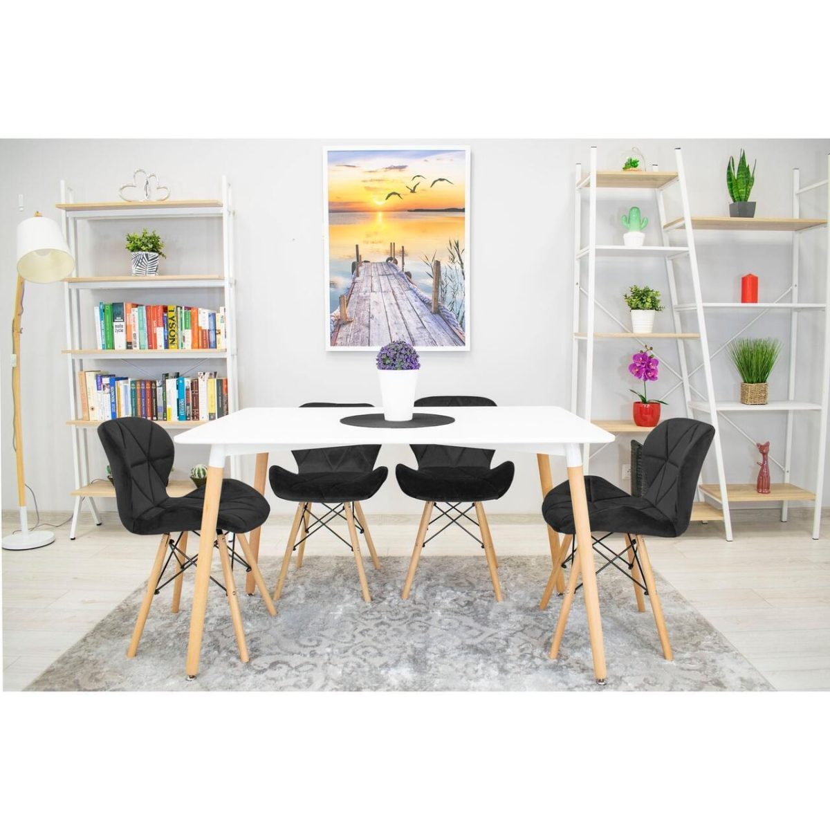 Set 4 Scaune Stil Scandinav, Artool, Lago, Catifea, Lemn, Negru, 48X43X74 Cm