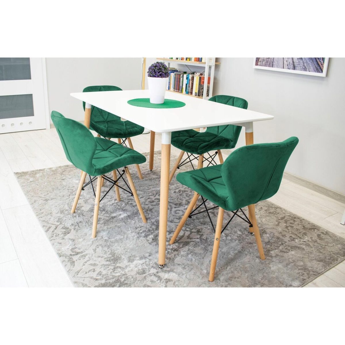 Set 4 Scaune Stil Scandinav, Artool, Lago, Catifea, Lemn, Verde, 48X43X74 Cm