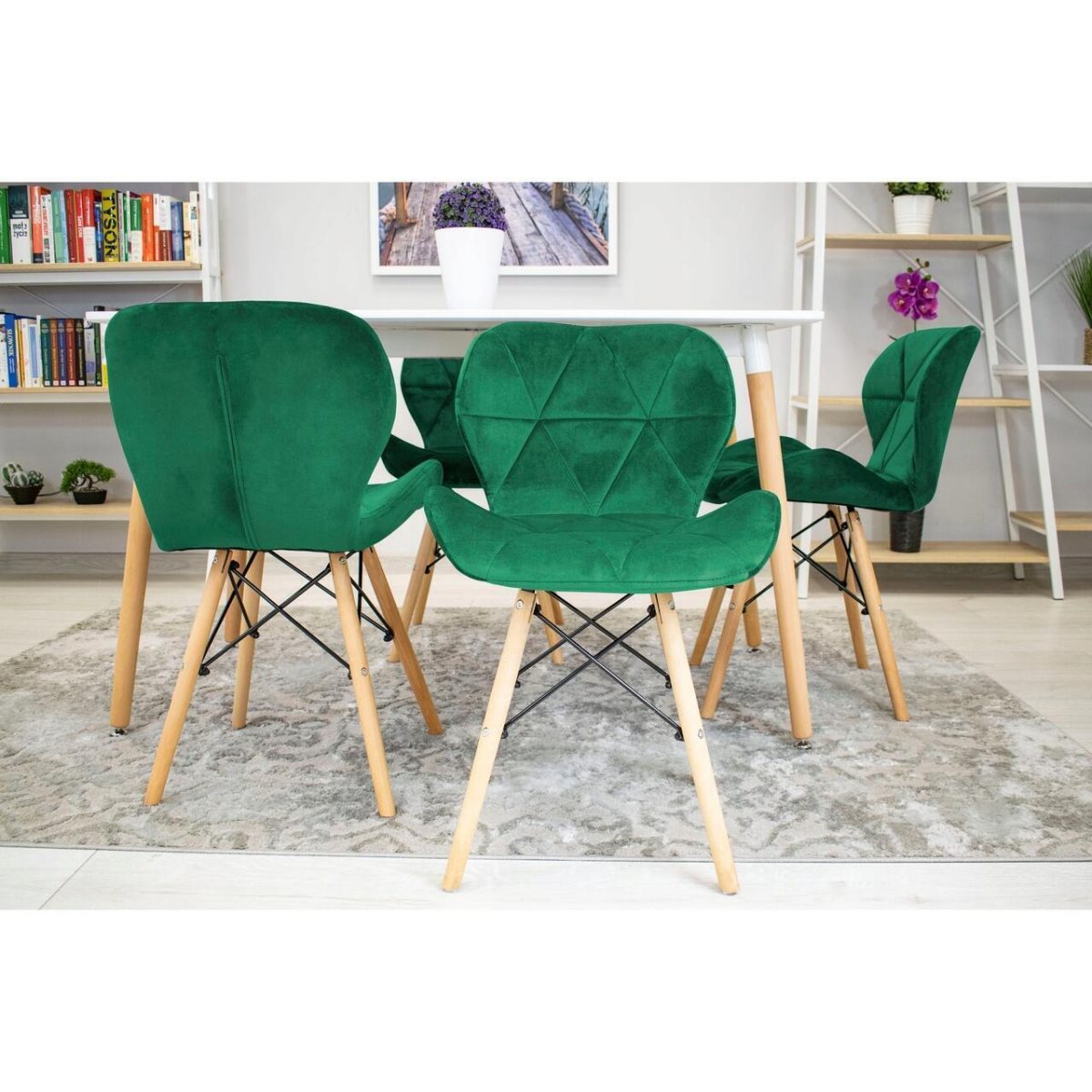 Set 4 Scaune Stil Scandinav, Artool, Lago, Catifea, Lemn, Verde, 48X43X74 Cm