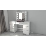 Set masa de toaleta/machiaj Vanessa + scaun Mark, sertare alb lucios, cu oglinda si LED-uri, Vanessa, 130x43x143 cm - imagine 12