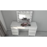 Set masa de toaleta/machiaj Vanessa + scaun Mark, sertare alb lucios, cu oglinda si LED-uri, Vanessa, 130x43x143 cm - imagine 11