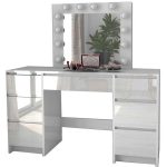 Set masa de toaleta/machiaj Vanessa + scaun Mark, sertare alb lucios, cu oglinda si LED-uri, Vanessa, 130x43x143 cm - imagine 9