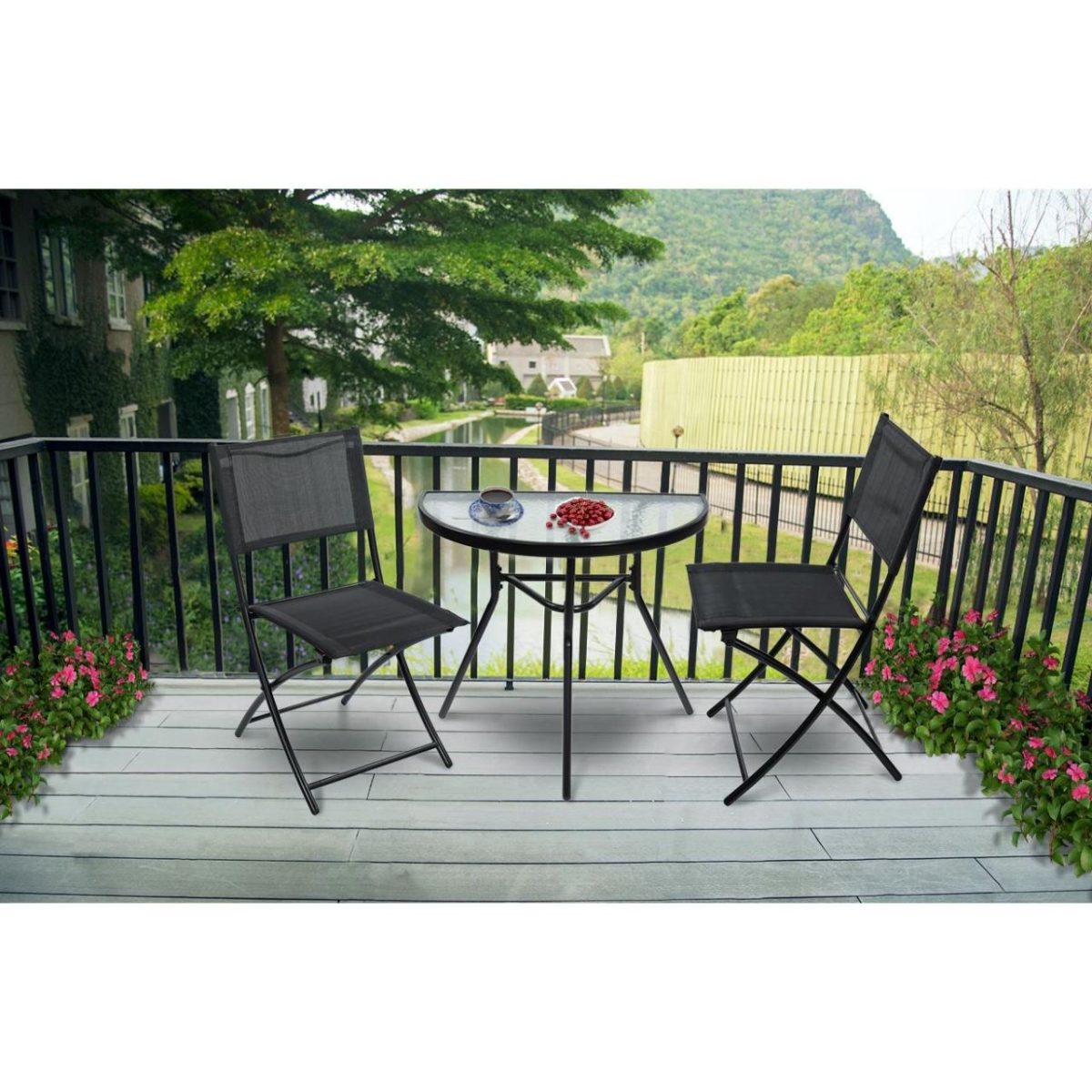 Set Mobilier Gradina/Terasa/Balcon, Cadru Metalic, Negru, 1 Masa Sticla, 2 Scaune Pliabile