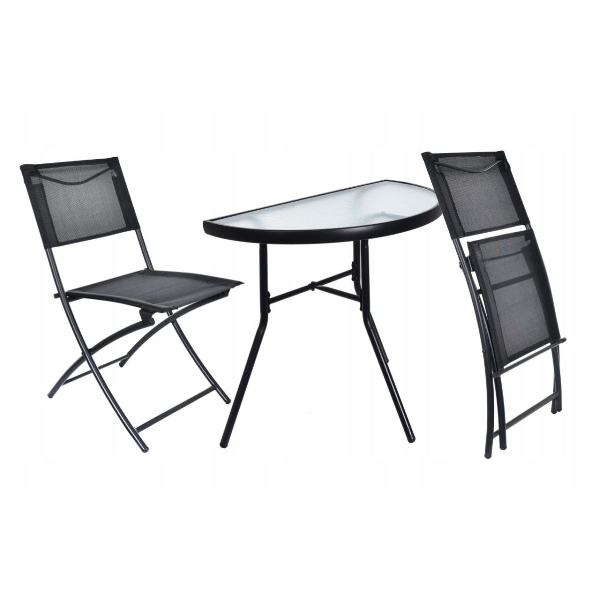 Set Mobilier Gradina/Terasa/Balcon, Cadru Metalic, Negru, 1 Masa Sticla, 2 Scaune Pliabile