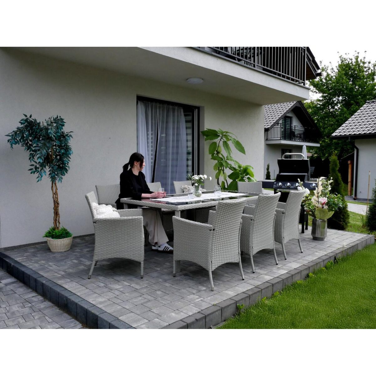 Set Mobilier Gradina/Terasa, Gri, Ratan Sintetic, 1 Masa, 8 Fotolii, Locarno
