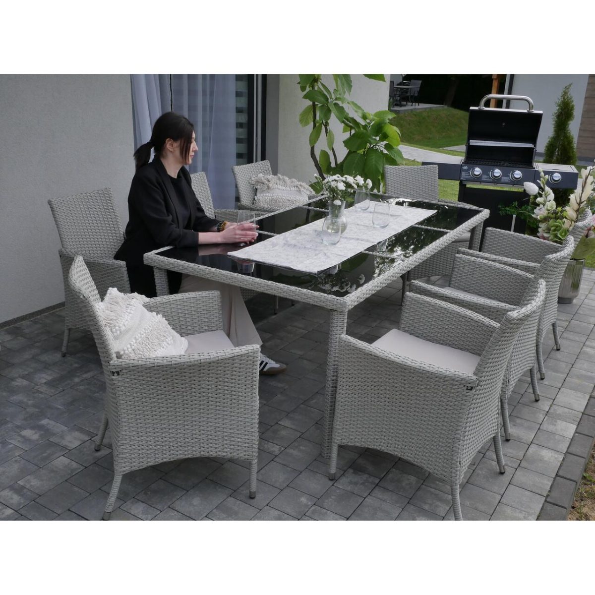 Set Mobilier Gradina/Terasa, Gri, Ratan Sintetic, 1 Masa, 8 Fotolii, Locarno