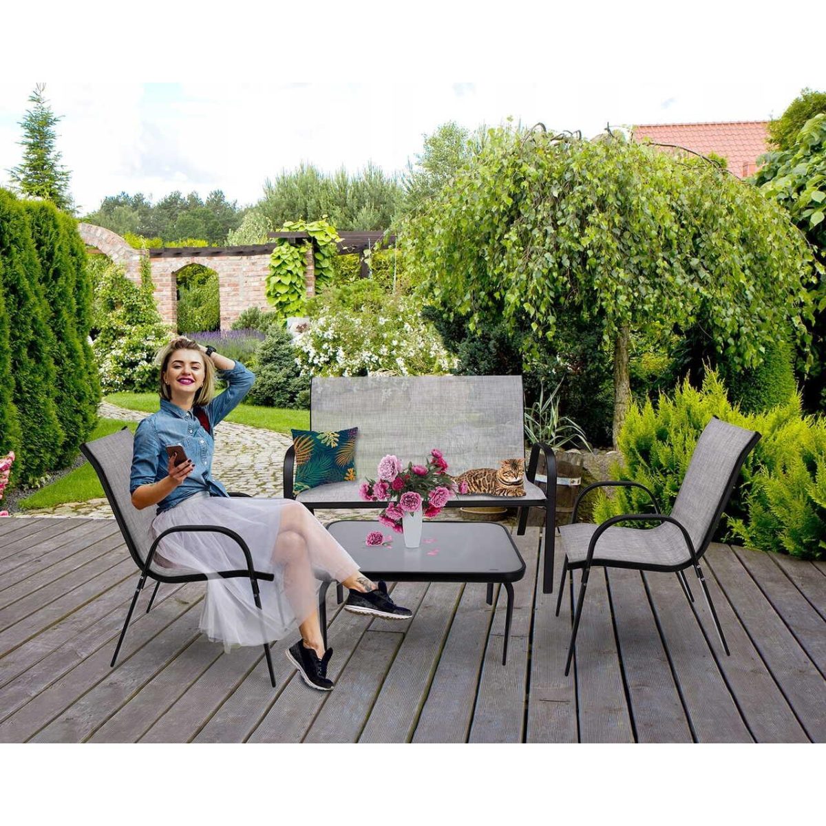 Set Mobilier Gradina/Terasa, Gri Si Negru, 1 Masa, 2 Scaune, 1 Canapea, Fiesta