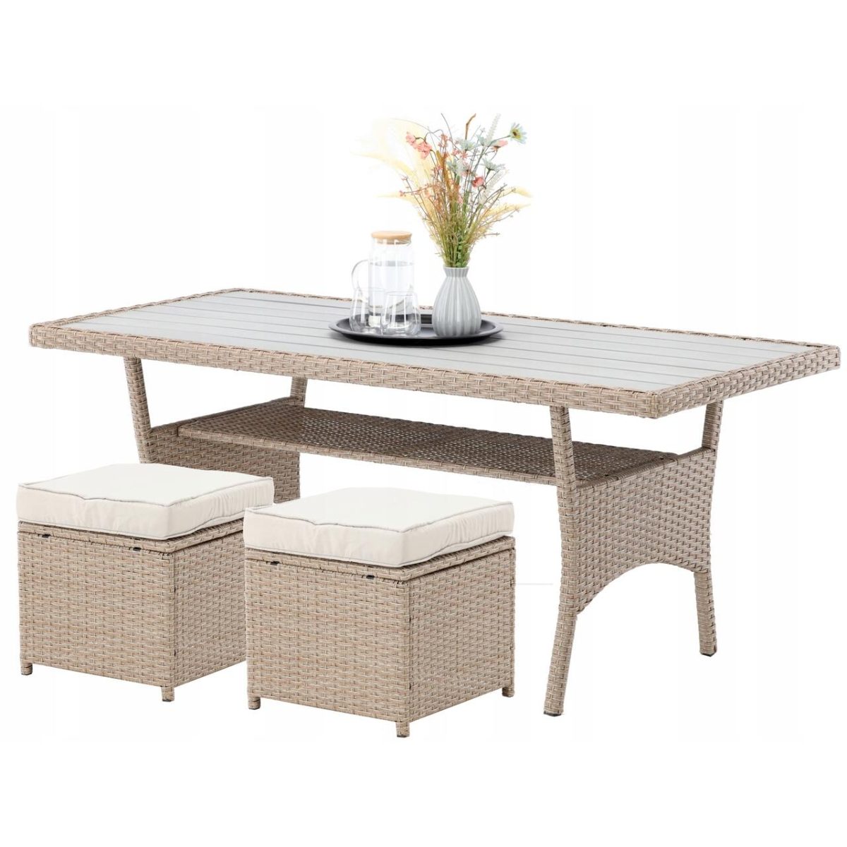 Set Mobilier Gradina/Terasa, Maro Deschis Si Bej, Ratan Sintetic, 1 Masa, 2 Canapele, 2 Tabureti, Cesme