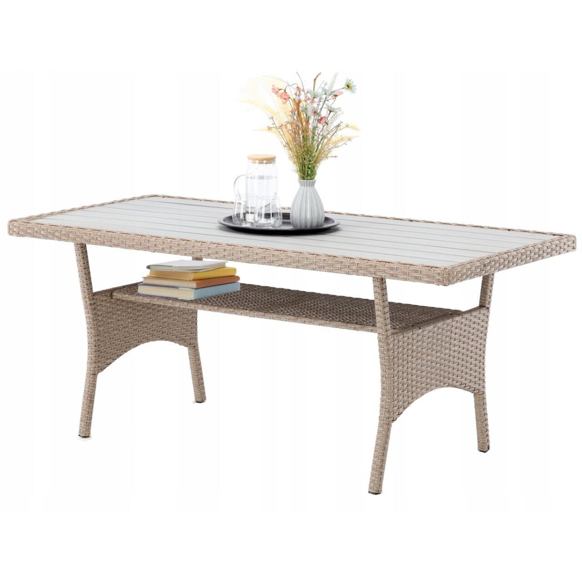 Set Mobilier Gradina/Terasa, Maro Deschis Si Bej, Ratan Sintetic, 1 Masa, 2 Canapele, 2 Tabureti, Cesme