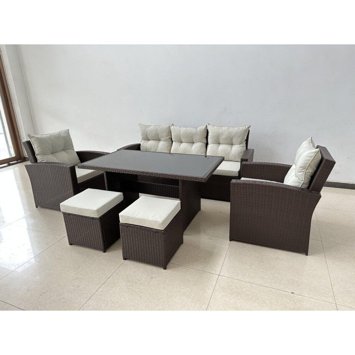 Set Mobilier Gradina/Terasa, Maro Si Bej, Ratan Sintetic, 1 Masa, 2 Scaune, 2 Tabureti, 1 Canapea, Dolores