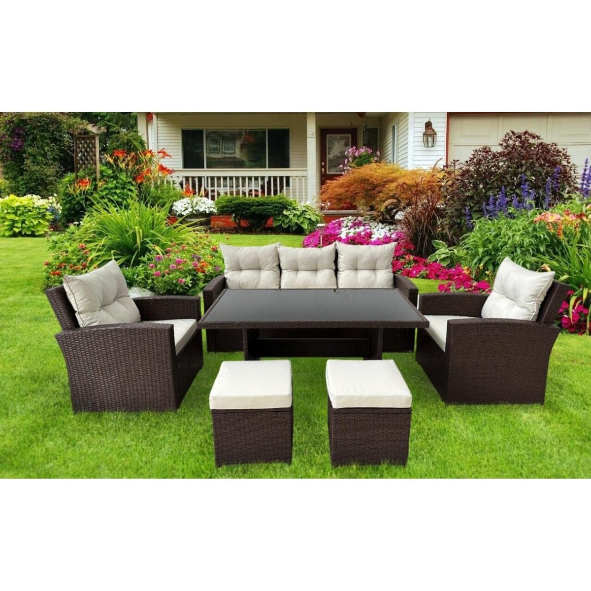 Set Mobilier Gradina/Terasa, Maro Si Bej, Ratan Sintetic, 1 Masa, 2 Scaune, 2 Tabureti, 1 Canapea, Dolores - Imagine 6