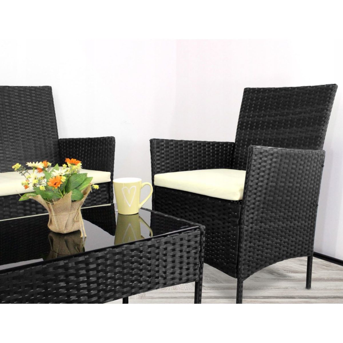 Set Mobilier Gradina/Terasa, Poliratan, Negru Cu Perne Crem, 1 Masa, 2 Fotolii, 1 Canapea, Medi