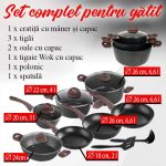 Set oale cu capac, tigai, ustensile pentru gatit, aluminiu, 13 piese, Black Marble Line, Magic Home