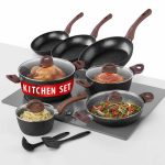 Set oale cu capac, tigai, ustensile pentru gatit, aluminiu, 13 piese, Black Marble Line, Magic Home - imagine 3