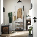 Suport pentru haine, cuier, Artool, cu 3 rafturi incaltaminte, pal, metal, negru si maro rustic, 58x28x181 cm - imagine 3