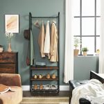 Suport pentru haine, cuier, Artool, cu 3 rafturi incaltaminte, pal, metal, negru si maro rustic, 58x28x181 cm - imagine 4