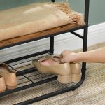 Suport pentru haine, cuier, Artool, cu 3 rafturi incaltaminte, pal, metal, negru si maro rustic, 58x28x181 cm - imagine 11