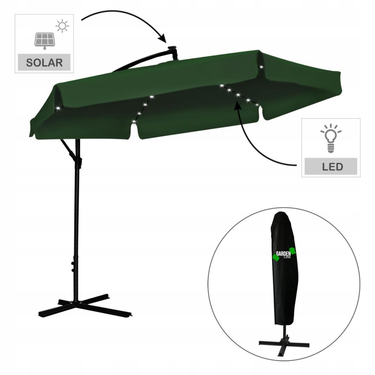 Umbrela Gradina/Terasa Cu Led, Chomik, Articulatie Tip Banana, Verde, 300 Cm