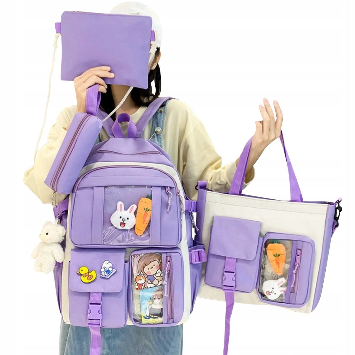 Set 4-In-1 Pentru Scolari Sau Prescolari - (Rucsac, Geanta De Umar, Plic Elegant, Penar), Culoare Violet Cu Iepuras, Cod Avx-Wt-Bunn-Violet
