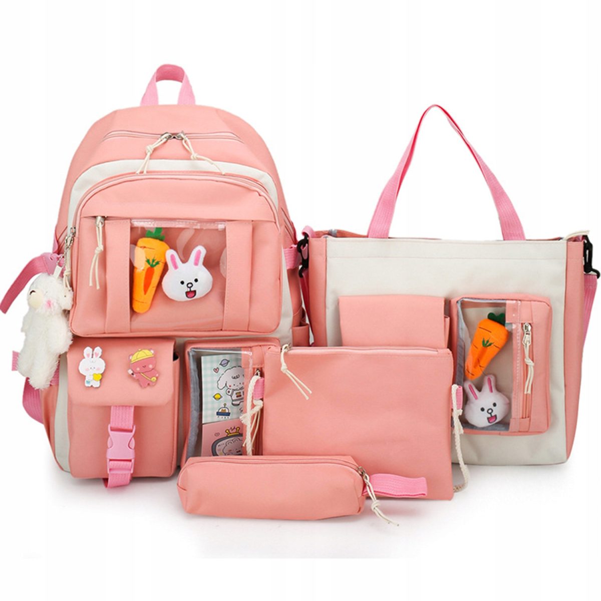 Set 4-In-1 Pentru Scolari Sau Prescolari - (Rucsac, Geanta De Umar, Plic Elegant, Penar), Culoare Roz Cu Iepuras, Cod Avx-Wt-Bunn-Pink