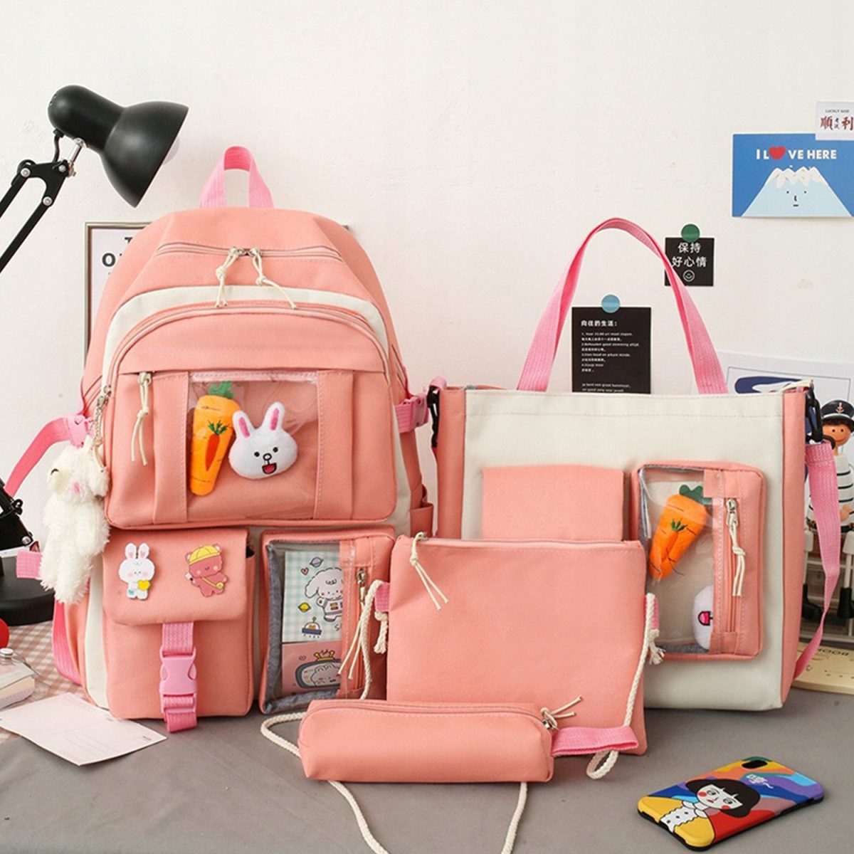 Set 4-In-1 Pentru Scolari Sau Prescolari - (Rucsac, Geanta De Umar, Plic Elegant, Penar), Culoare Roz Cu Iepuras, Cod Avx-Wt-Bunn-Pink
