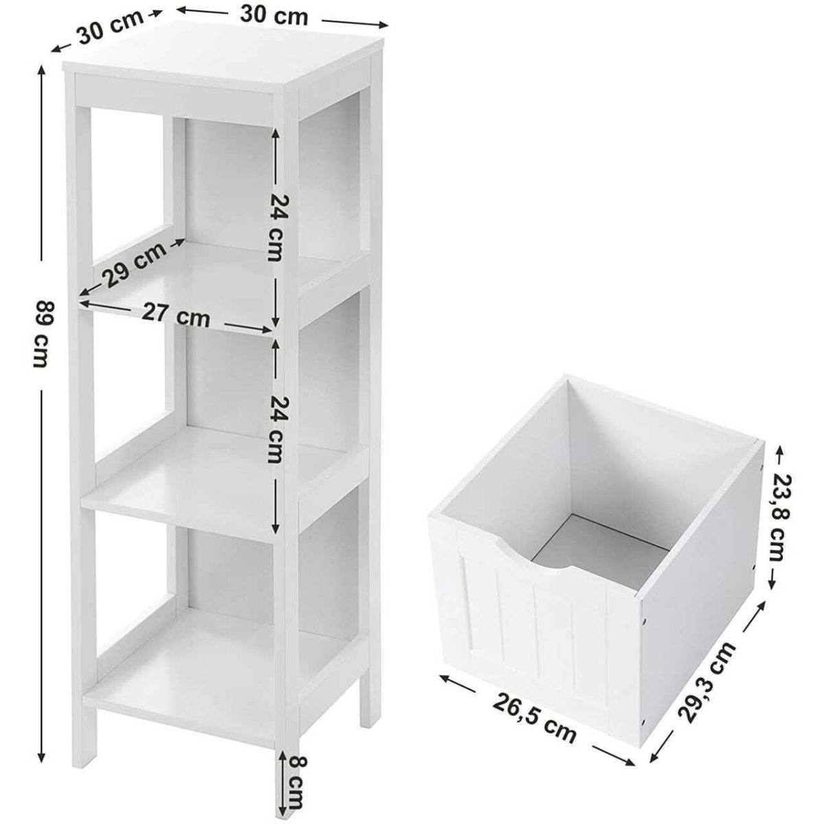 Dulap Baie, Vasagle, Placa Mdf, 1 Raft, 2 Sertare, Alb, 30X30X89 Cm