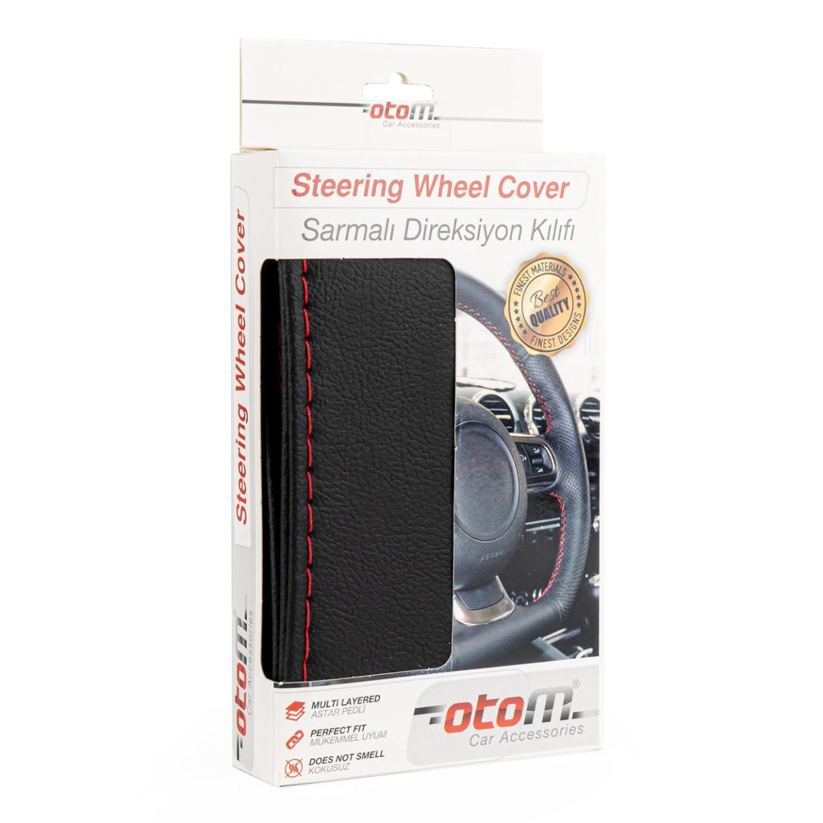 Husa Volan Otom Din Piele Ecologica &Amp;Quot;Ne-Perforata&Amp;Quot; Pentru Autoturisme, Diametru Volan 37 - 39 Cm, Cu Ac Si Ata Rosie