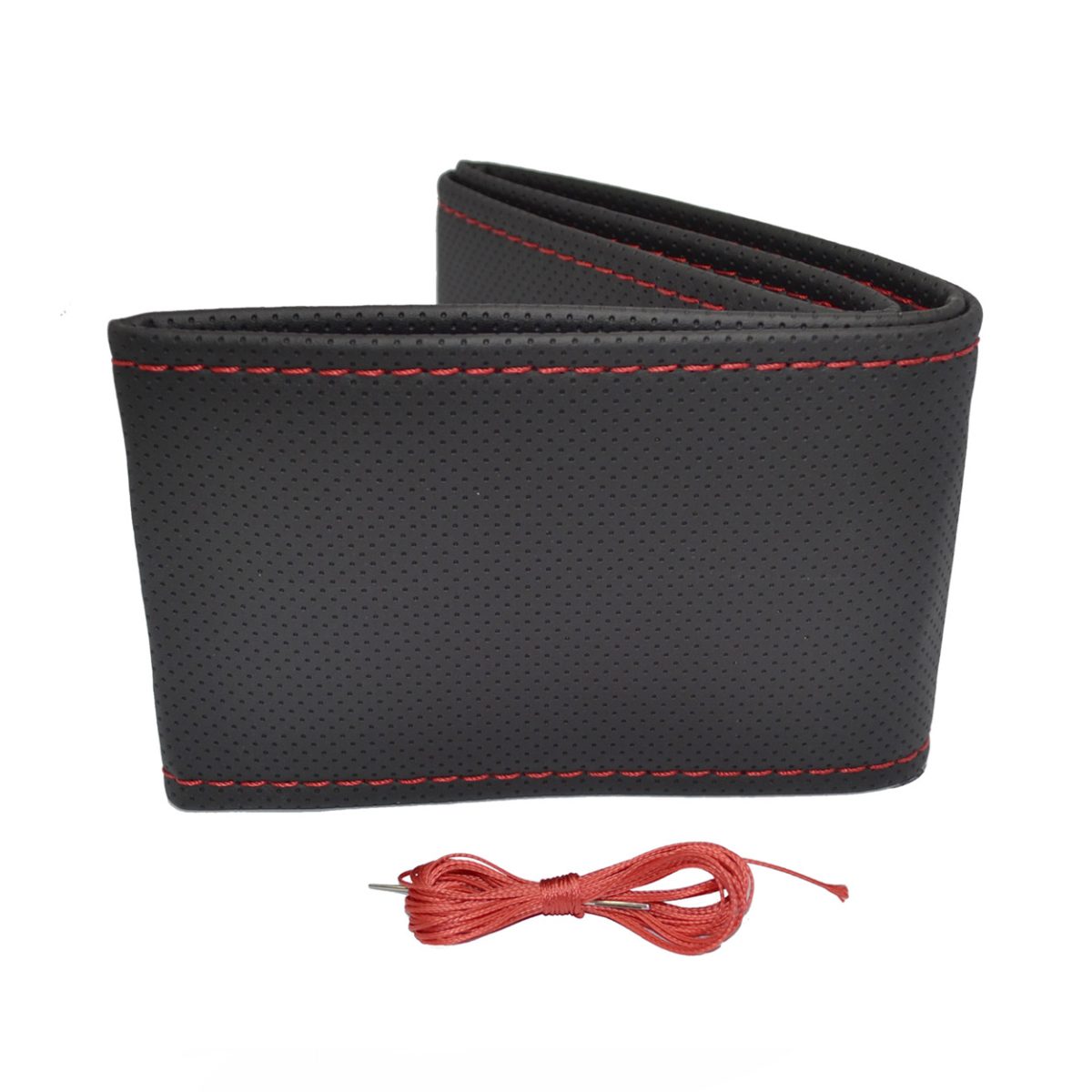 Husa Volan Otom Din Piele Ecologica &Quot;Perforata&Quot; Pentru Autoturisme, Diametru Volan 37 - 39 Cm, Cu Ac Si Ata Rosie