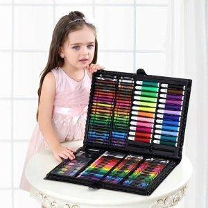 Set 168 piese pentru pictura, pentru copii sau adulti, pixuri de colorat, creioane colorate si vopsele de pictura, cu cutie de depozitare, model AVXWTKIDDO02